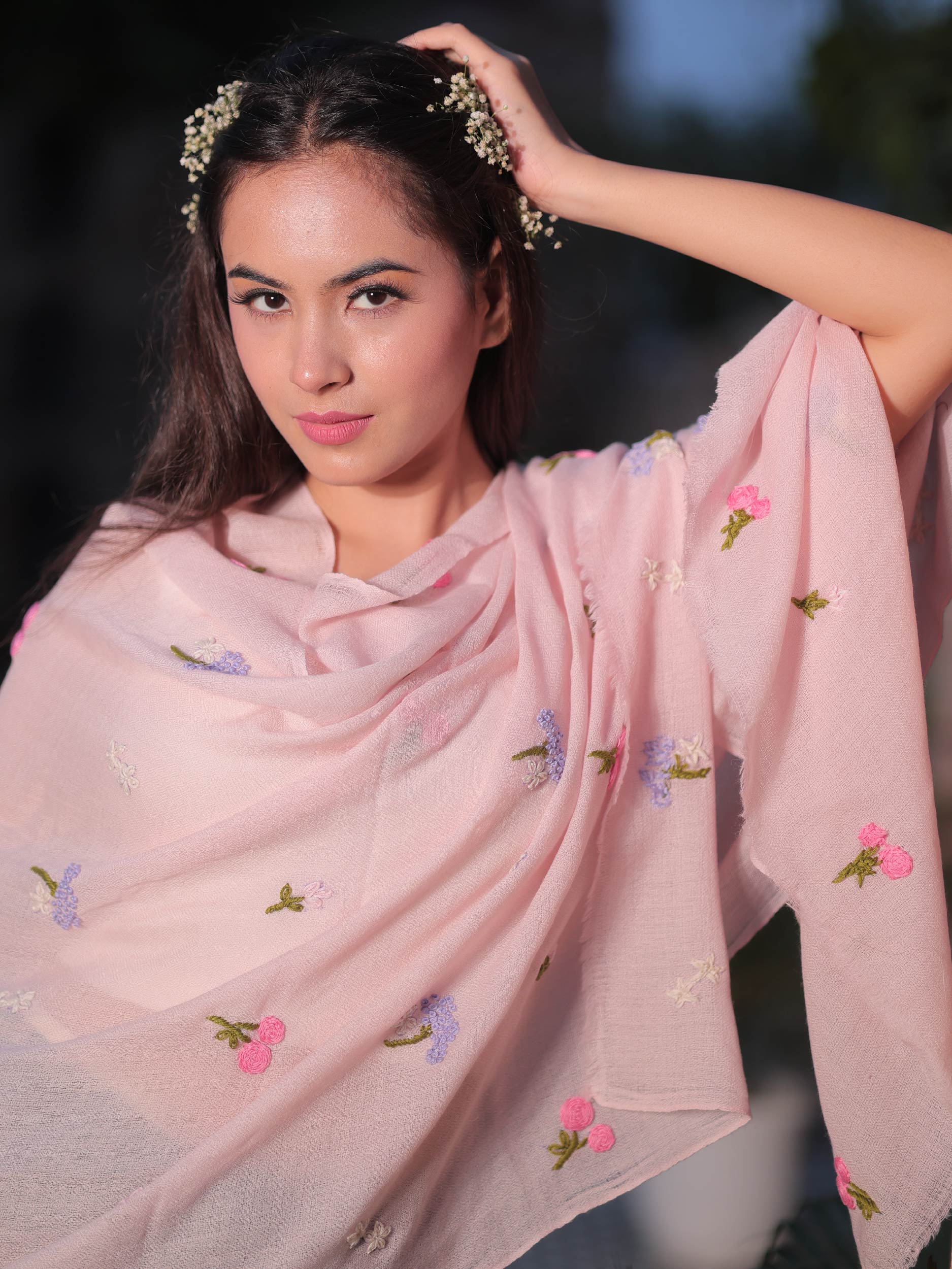 Baby Pink Rose Clustered Embroidered Stole