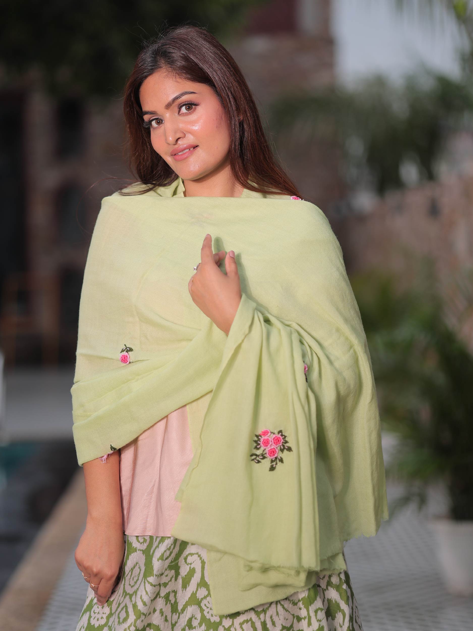 Pistachio Green Floral Embroidered Stole