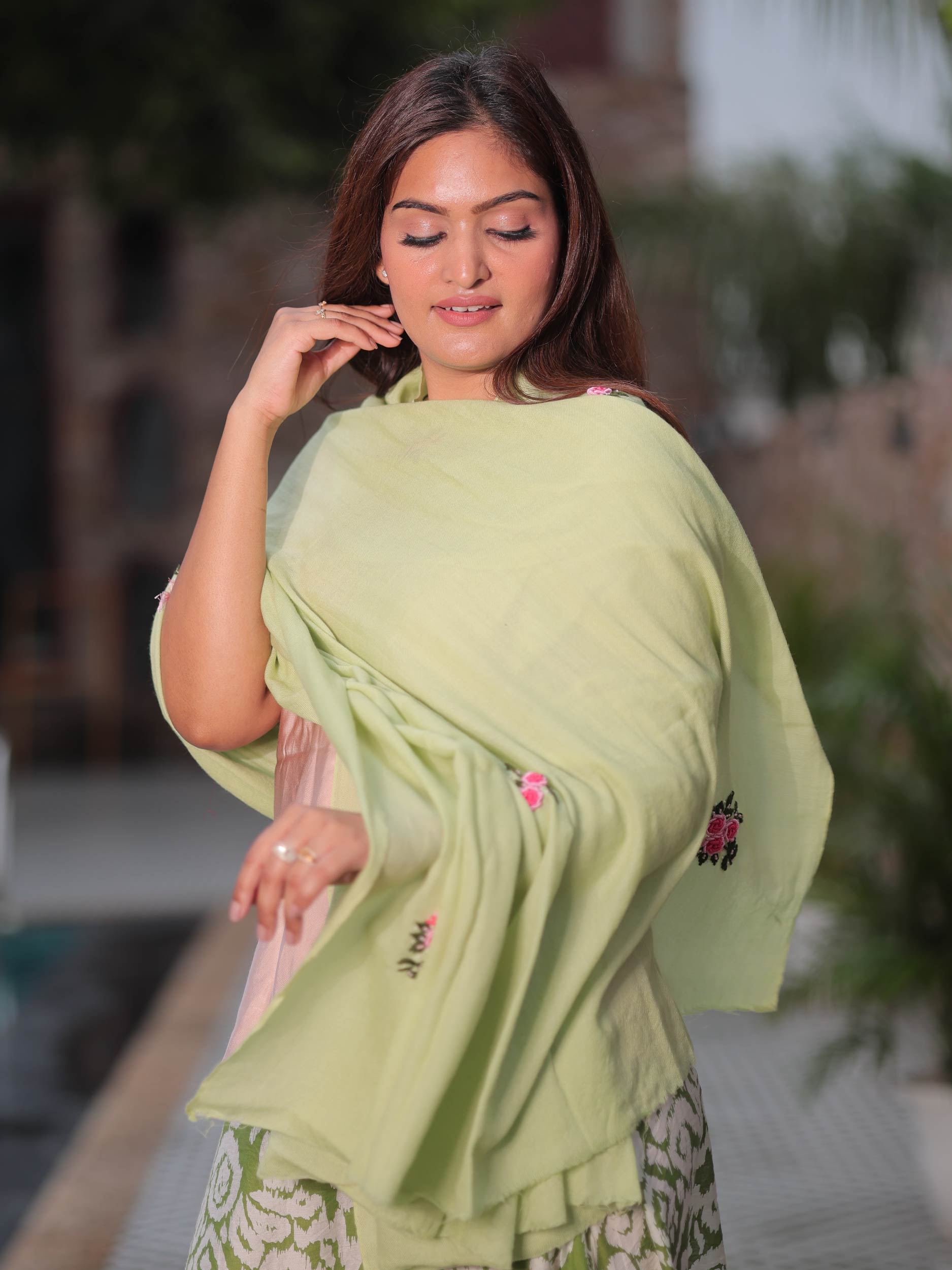 Pistachio Green Floral Embroidered Stole
